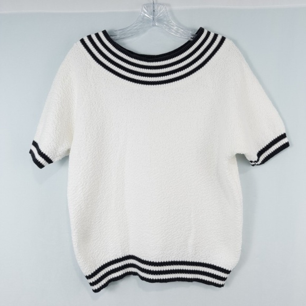 Vintage Contrast Stripe Short Sleeve Knit Top Womens Medium? Nautical Preppy